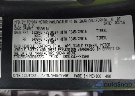 2016 Toyota Tacoma Sr5 V6 из США, поврежденный, VIN 3TMAZ5CN6GM016323